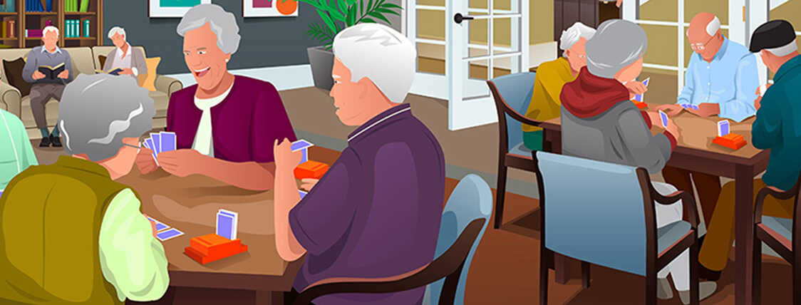 Elderly people who need long term care insurance playing cards at a senior center