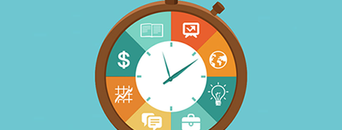 Clock outlined by images representing tasks and solid time management principles. 